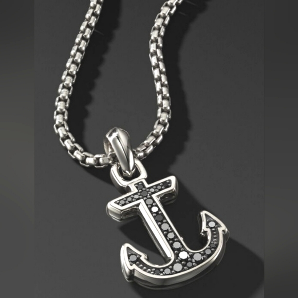 DAVID YURMAN SS Anchor AMULET Black Diamonds 2.7mm Box Chain 20"  Necklace NIB - Picture 11 of 16